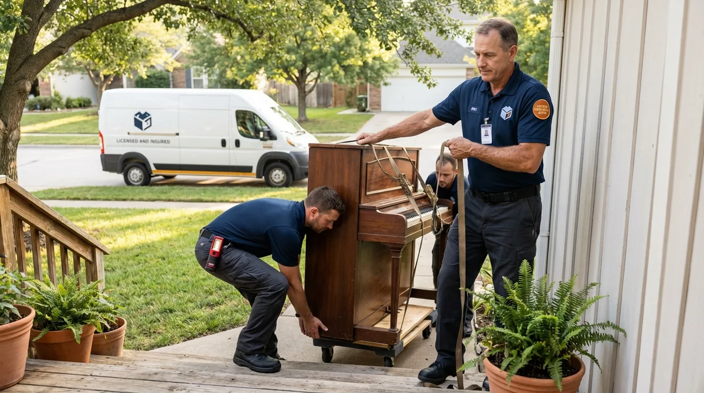 Licensed piano movers securing grand piano in Madison, NC