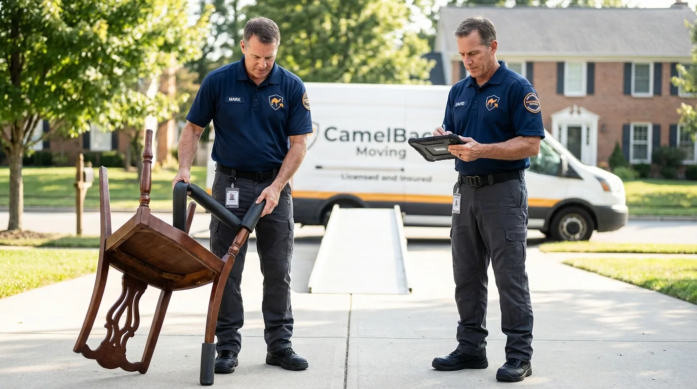 Movers inspecting furniture for damage prevention before loading in Madison, NC