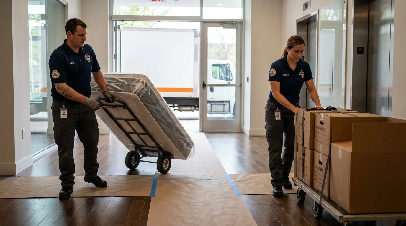 Professional apartment movers loading elevator in Madison, NC